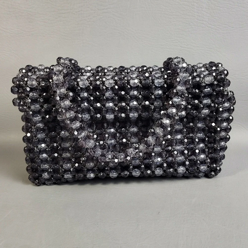 Vintage Crystal Beaded Purse Fauceted Beads Smoke Gray Hong Kong 60s Handmade